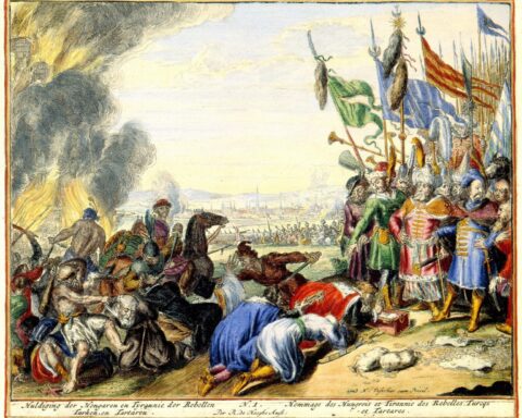 Drawing depicting the vizier Kara Mustafa and Khan Murad-Gire I, who accept humility from the Hungarians. 1683. Hood. Romain de Hoge.